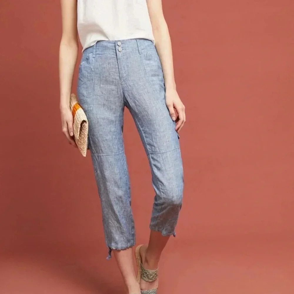Anthropologie sanctuary terrain linen cropped utility pants 32 chambray - Picture 2 of 13